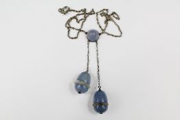 A White Metal Art Deco Blue Agate/Rock Crystal and Cut-Glass Drop Pendant