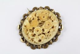 Antique 9ct Gold Ivory Carved Floral Brooch