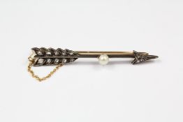 Antique 14 ct Rose Cut Diamond and Pearl Cupids Arrow Brooch