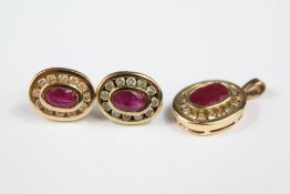 A 9ct Gold Ruby and Diamond Earring and Pendant Set