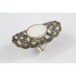 A Silver Marcasite and Opal Panel Ring
