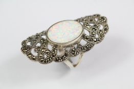 A Silver Marcasite and Opal Panel Ring