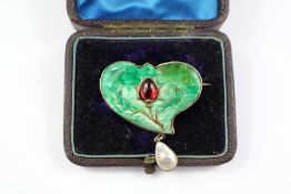 An Art Nouveau Silver Gilt Enamel and Mabe Pearl Thistle Brooch