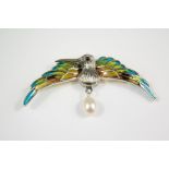 A Silver and Plique-a-Jour Hummingbird Brooch