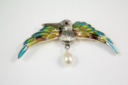 A Silver and Plique-a-Jour Hummingbird Brooch