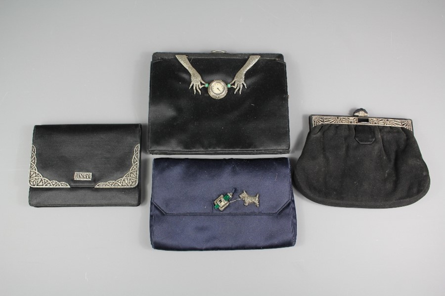 Four Black Silk Art Deco Evening Purses and a Dress - Image 8 of 11