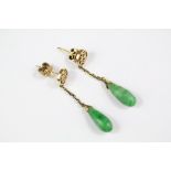 A Pair of Chinese 14ct Yellow Gold Jade Drop Earrings