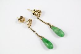 A Pair of Chinese 14ct Yellow Gold Jade Drop Earrings