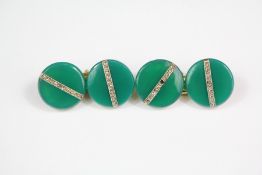 A Pair of Gentleman's 18ct Gold Chrysoprase and Diamond Cufflinks