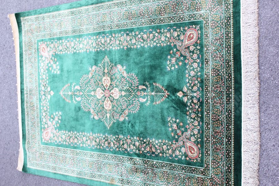 A Stunning Persian Emerald Green Pure Silk Qum Carpet/Wall Hanging