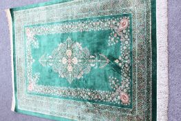 A Stunning Persian Emerald Green Pure Silk Qum Carpet/Wall Hanging