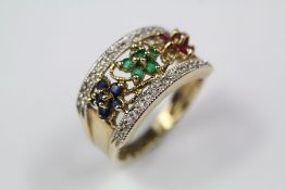 A Lady's 9ct Yellow Gold Sapphire, Ruby and Emerald Dress Ring