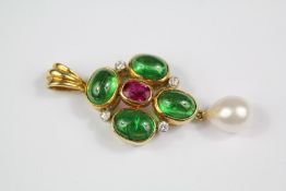 A 18ct Yellow Gold. Emerald, Diamond, Ruby, Pearl and Emerald Pendant