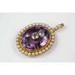 A Victorian 14/15ct Yellow Gold Amethyst, Diamond and Pearl Pendant
