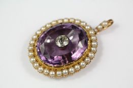 A Victorian 14/15ct Yellow Gold Amethyst, Diamond and Pearl Pendant