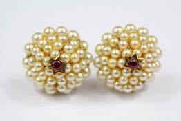 A Pair of Indian 14/15 ct Gold, Pearl and Ruby Earrings
