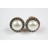 A Pair of Silver and Silver Gilt Button Pearl and Diamond Earrings