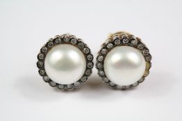 A Pair of Silver and Silver Gilt Button Pearl and Diamond Earrings