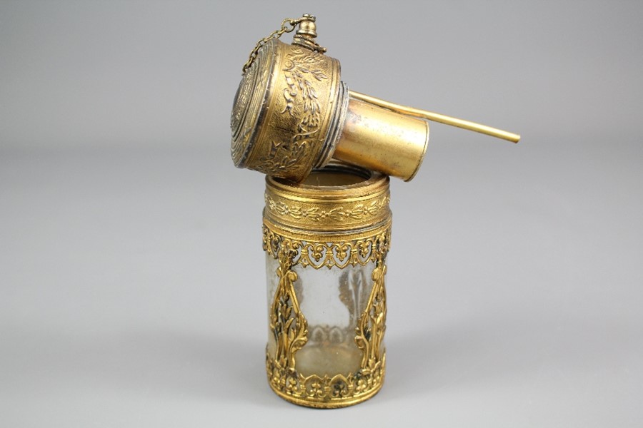 Antique French Cylindrical Ormolu and Cut Crystal Scent Bottle - Image 3 of 5