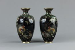 A Pair of Black Enamel Japanese Cloisonne Vases