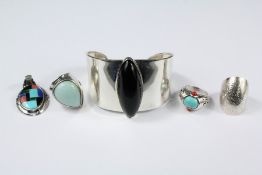 A Mexican Silver and Hardstone Cuff Bangle