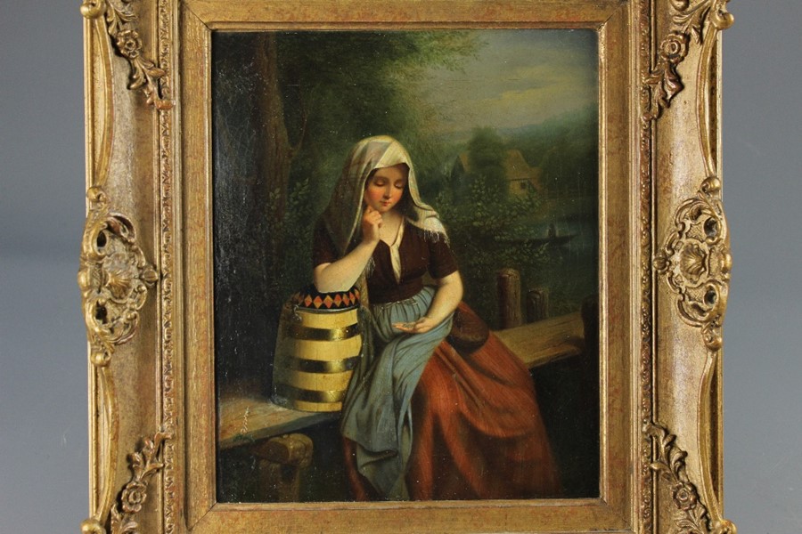 An Oil on Canvas - Girl and Cider Barrel - Image 3 of 3