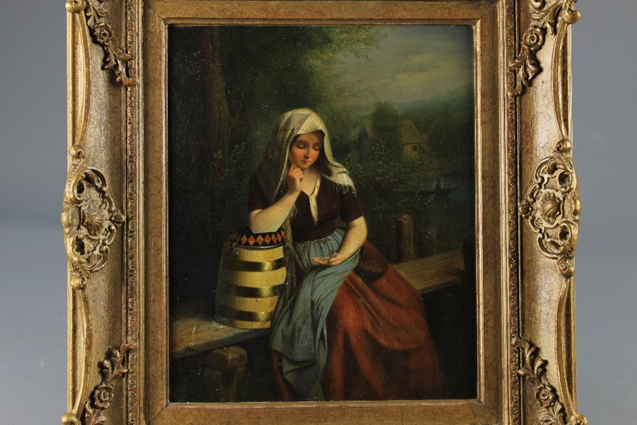 An Oil on Canvas - Girl and Cider Barrel - Image 2 of 3