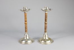 German WMF Silver Plate and Wood Candlesticks