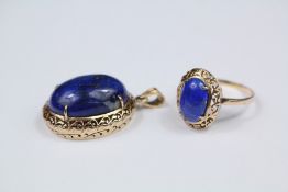 A 14/15ct Yellow Gold Lapis Lazuli Ring and Pendant Set