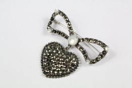 Silver Marcasite and Moonstone Sweetheart Brooch