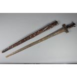 An Antique Straight Sword in Leather Scabbard