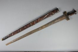 An Antique Straight Sword in Leather Scabbard