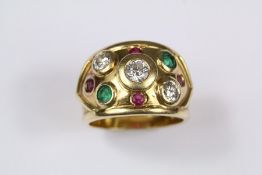 A Bespoke 18ct Yellow Gold Diamond, Emerald and Ruby Ring