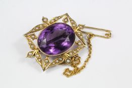 An Edwardian 9ct Amethyst and Seed Pearl Brooch