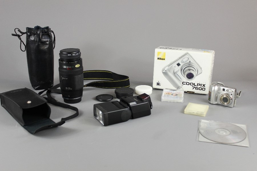 A Boxed Nikon Colorpix 7600 Digital Camera, complete with accessories, together with a Canon Zoom EF