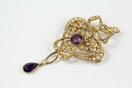 An Edwardian 15ct Gold Amethyst and Seed Pearl Pendant