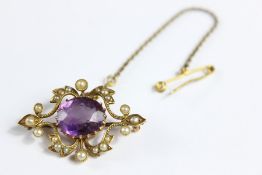 An Edwardian 15ct Amethyst and Seed Pearl Brooch