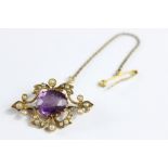 An Edwardian 15ct Amethyst and Seed Pearl Brooch