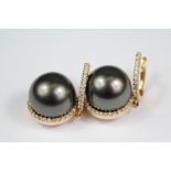 A Pair of 18ct Yellow Gold and Black Tahitian Pearl Earrings