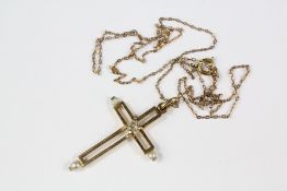 An 18ct Yellow Gold Diamond and Seed Pearl Cross Pendant