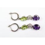 18ct White Gold Diamond, Amethyst and Green Topaz Earrings