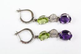 18ct White Gold Diamond, Amethyst and Green Topaz Earrings