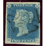 1840 2d blue, O-G, F/U with black maltese cross, bottom left corner thin, otherwise fine.