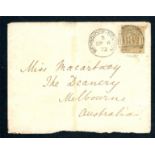 1867-80 9d straw (plate 4), M-B, used on cover to Australia with Weybridge Station cancel.