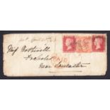 British Post Office Constantinople: 1d reds plate 83 (2) + 4d plate 9 on small envelope,