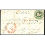 1847-54 1/- green on 1852 cover, 3 large margins.