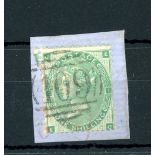 1862-64 1/- green, E-C, cancelled with Jersey 409 numeral on small piece.