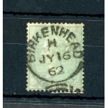 1855-57 1/- pale green F/U with upright circle of Birkenhead sideways duplex 1862, fine.