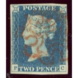 1840 2d blue, P-C, F/U with red maltese cross, just 4 margins, close at top right, fine.