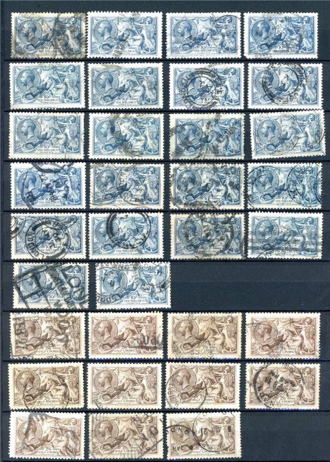 Seahorses: Used range on stocksheets - 2/6d (11), 5/- (26) & 10/- (22), mainly fine.